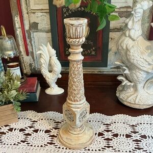 Candlestick Tall Wooden White Washed Candle Holder